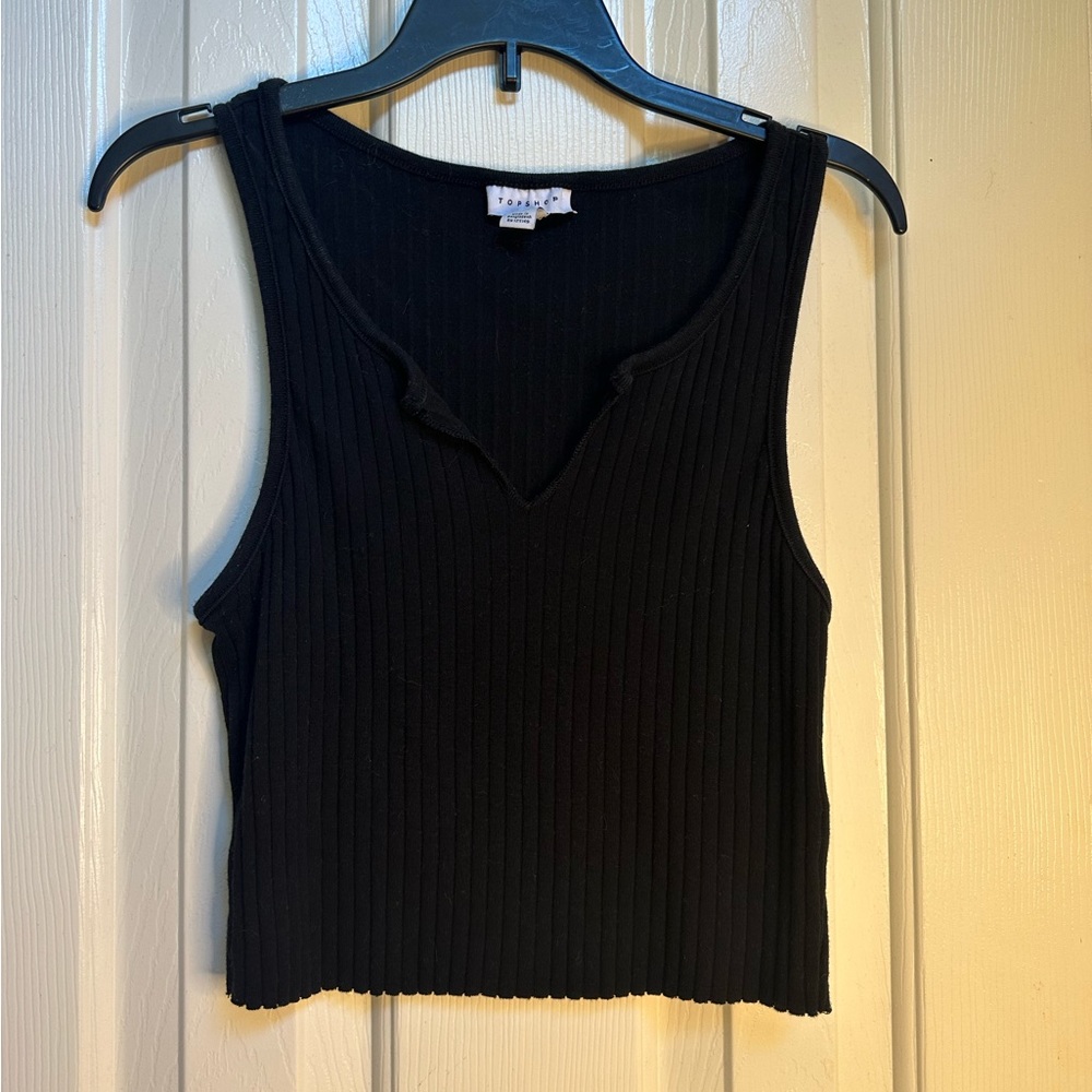 Black V-Neck Slit Open Sleeve Cropped Tank Top